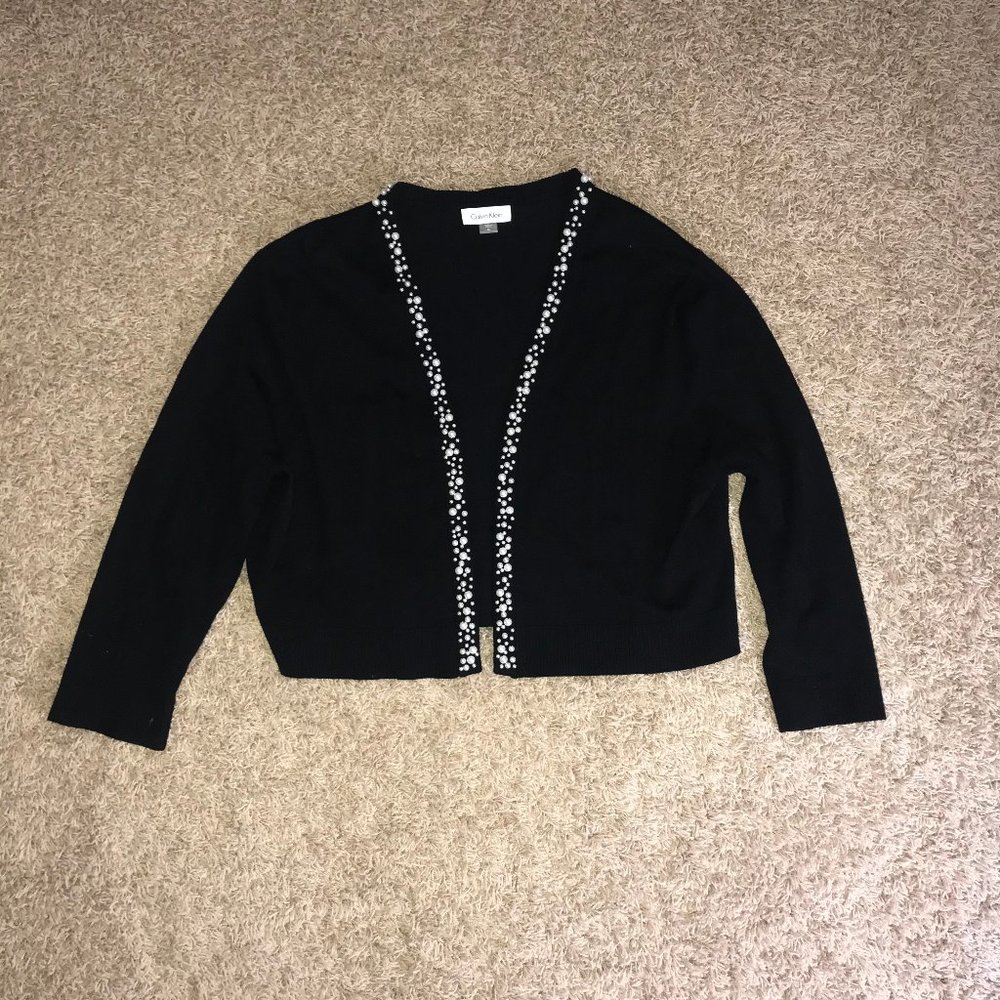 Calvin Klein black white beaded pear trim shrug